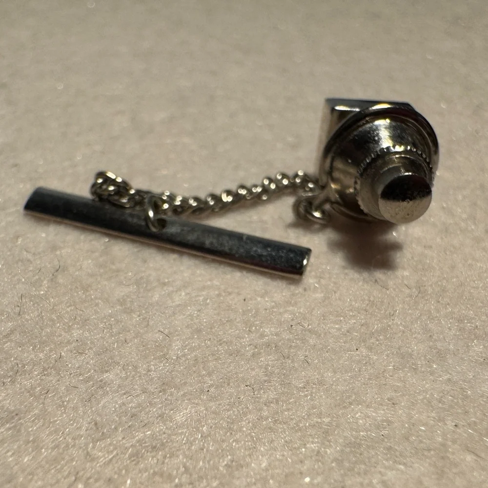 Vintage Silver Tone Tie Tack with Security Chain & Bar